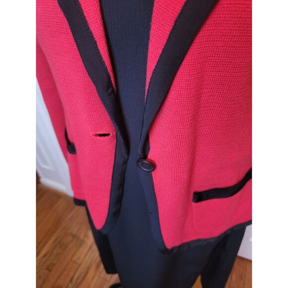 Red Sweater Knit Blazer Black Trim Pockets L Christmas Festive Party Office - Picture 6 of 9